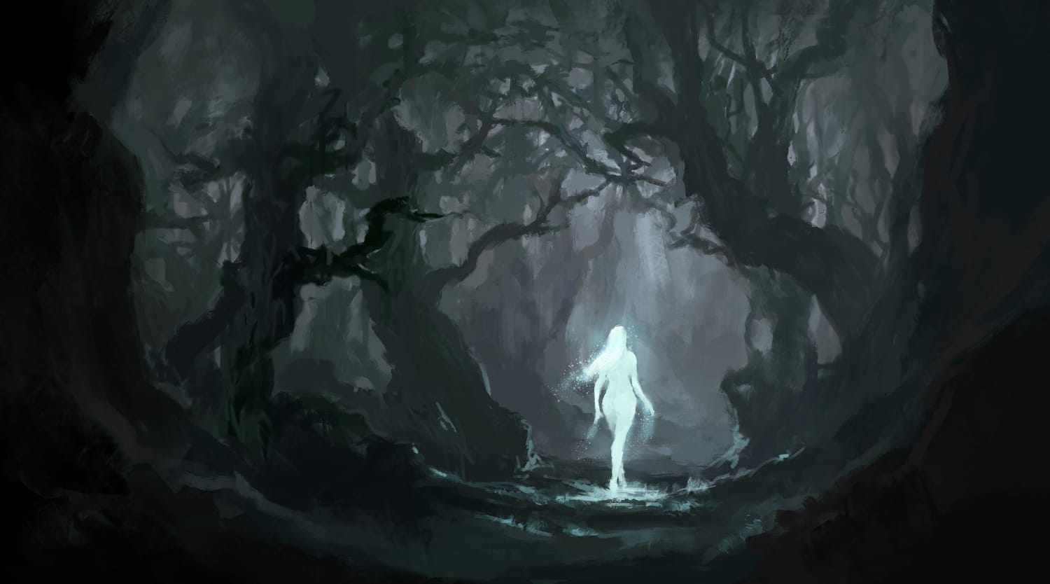 Dark atmospheric illustration representing mythological underworld setting